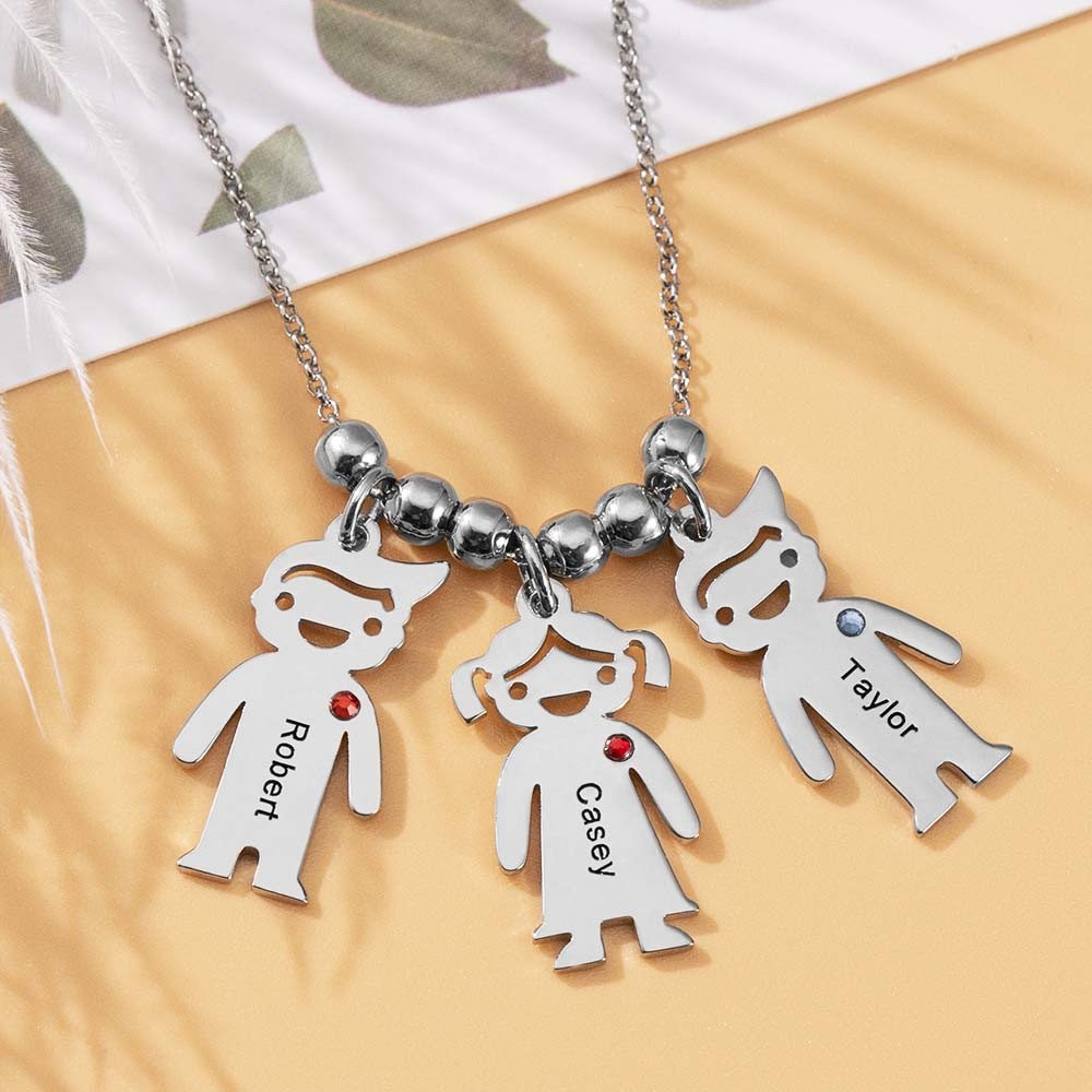 Silver Personalized Family 1-10 Kids Charms Name Engraved Necklace With Birthstone