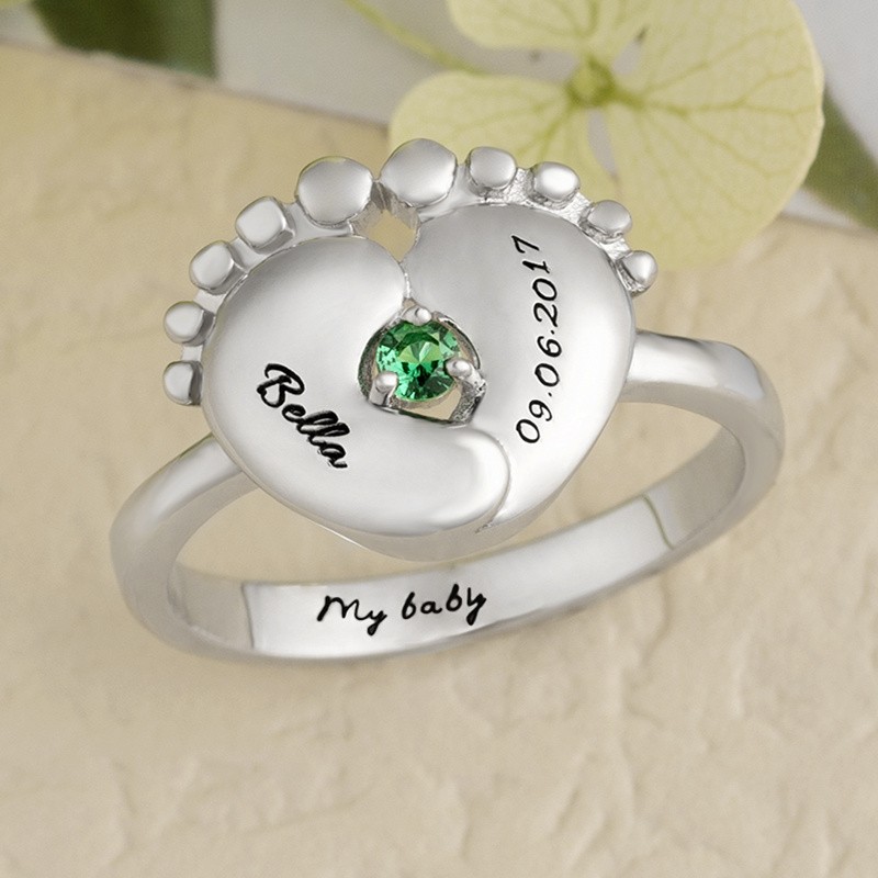 Birthstone Ring For New Mom With Engraved Baby Name | Birth Date