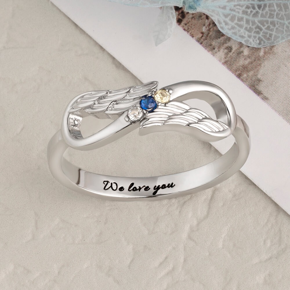 S925 Sterling Silver Angel Wings Infinity Ring with Birthstones
