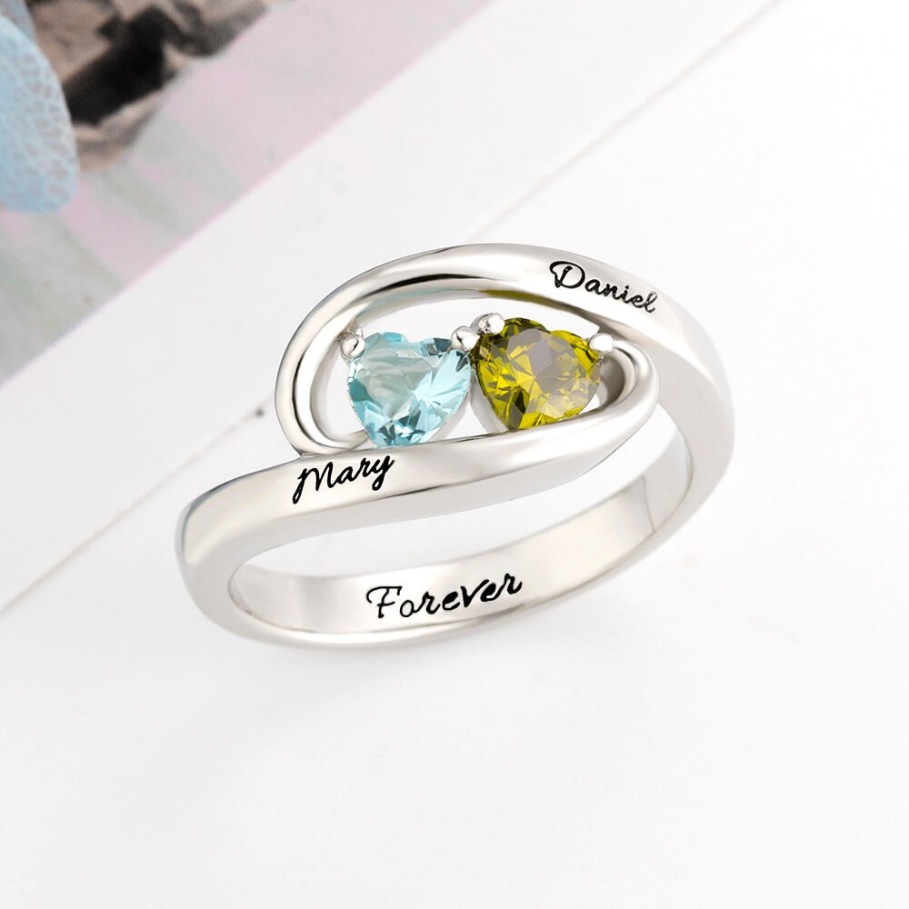 Personalized Pair of Hearts Infinite Birthstone Name Ring