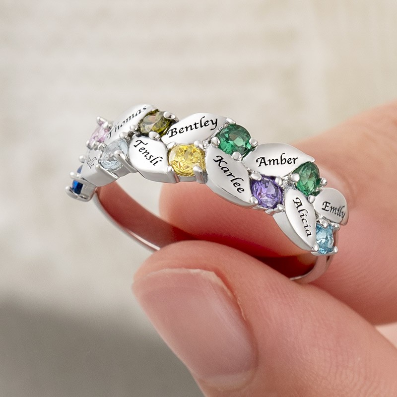 S925 Silver Personalized Birthstone Family Ring Gift With 1-9 Names