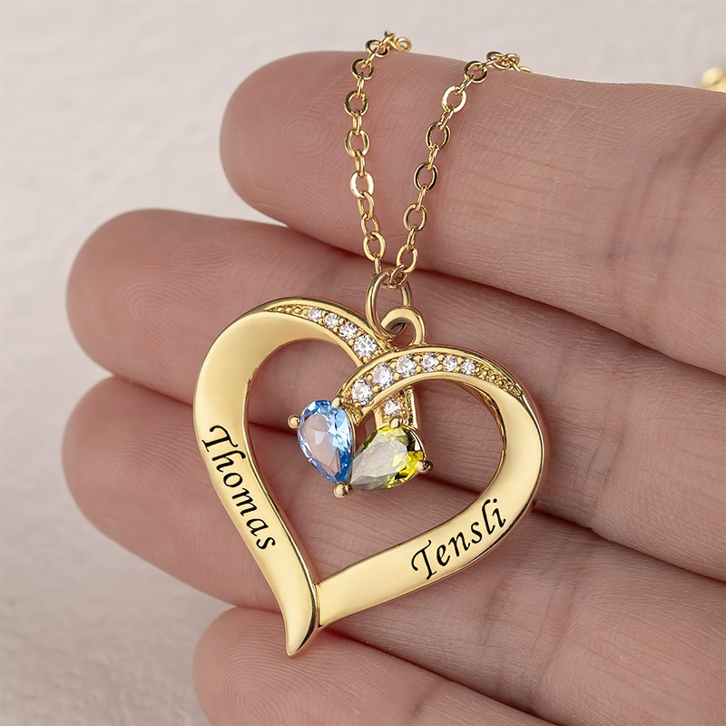Personalized Couple Names Heart Necklace With Birthstones Valentine's Day Gifts