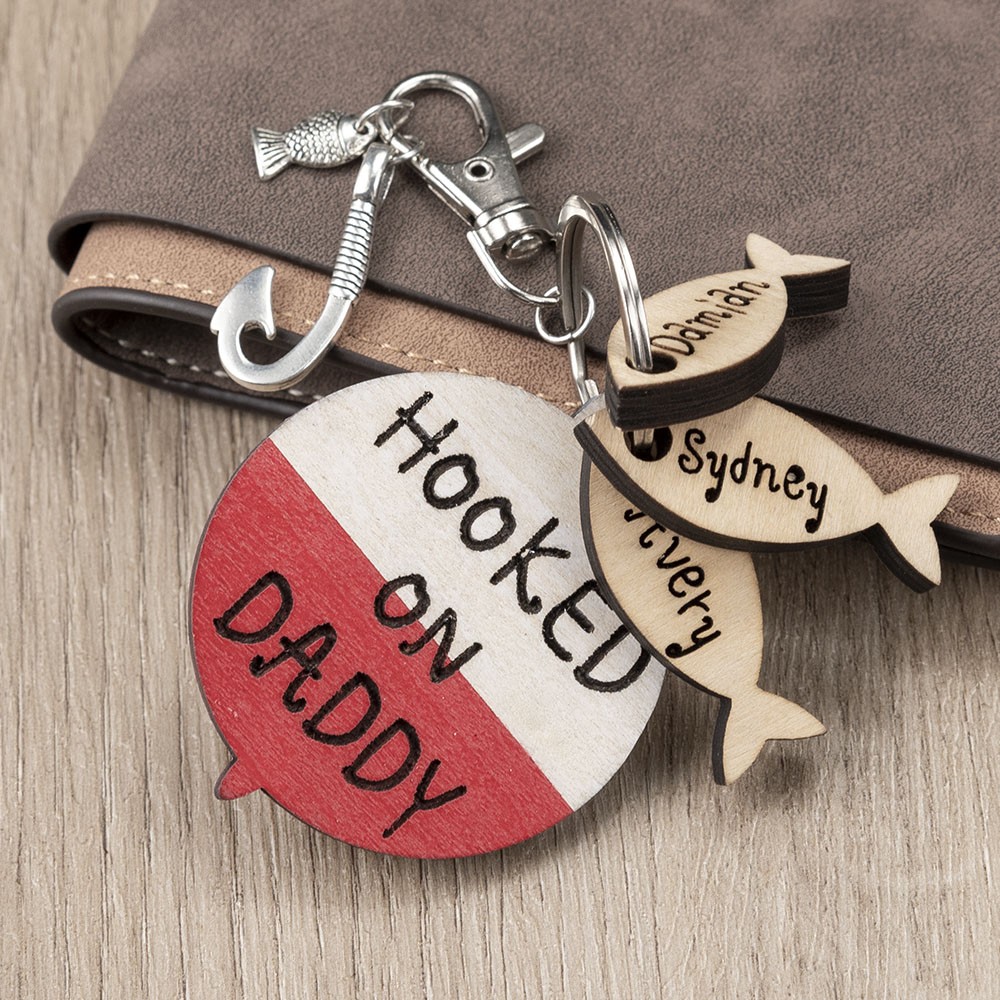 Father's Day Personalized Fishing Keychain With Kids Name We're Hooked on Daddy