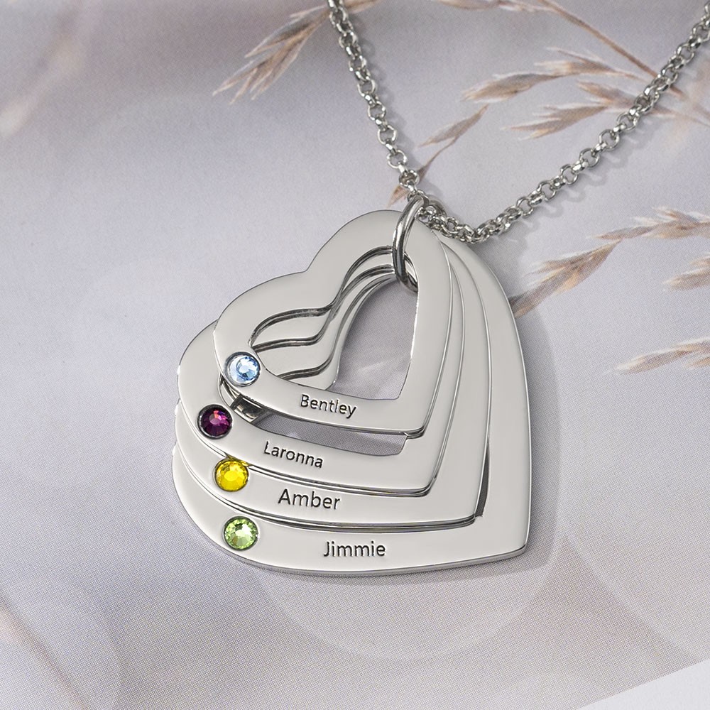 Personalized 1-6 Heart Name Necklace With Birthstone Family Christmas Gift