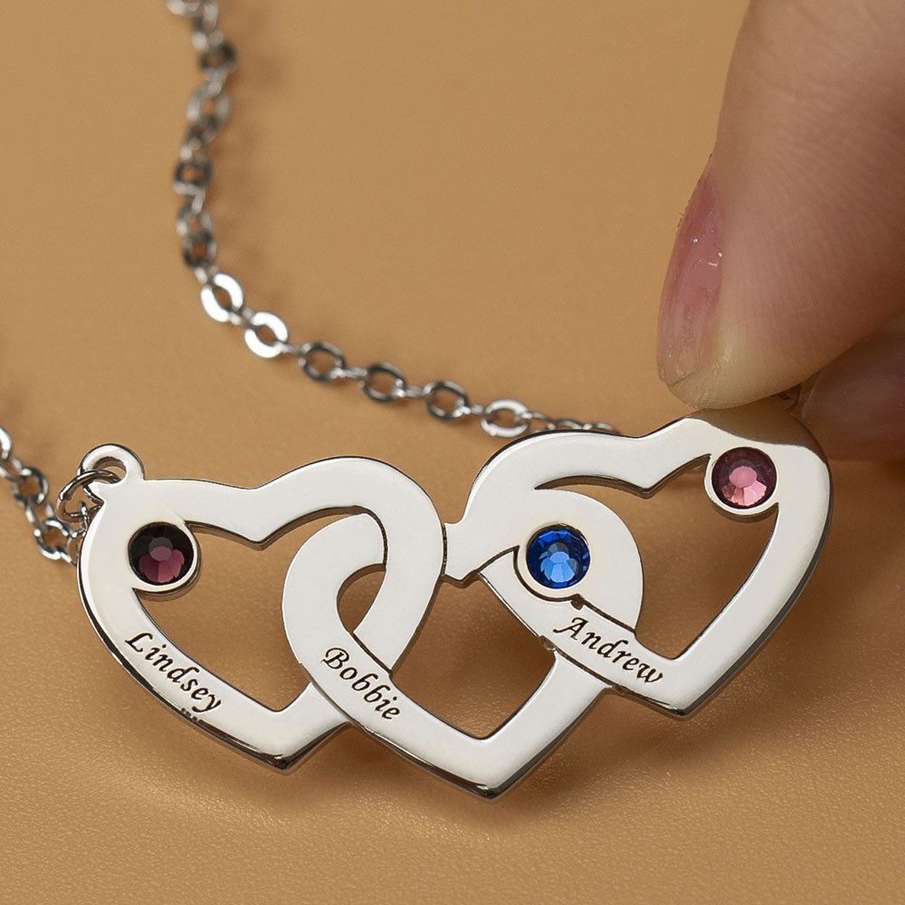 Personalized Engraved 1-5 Intertwined Hearts Name Necklace With Birthstones 