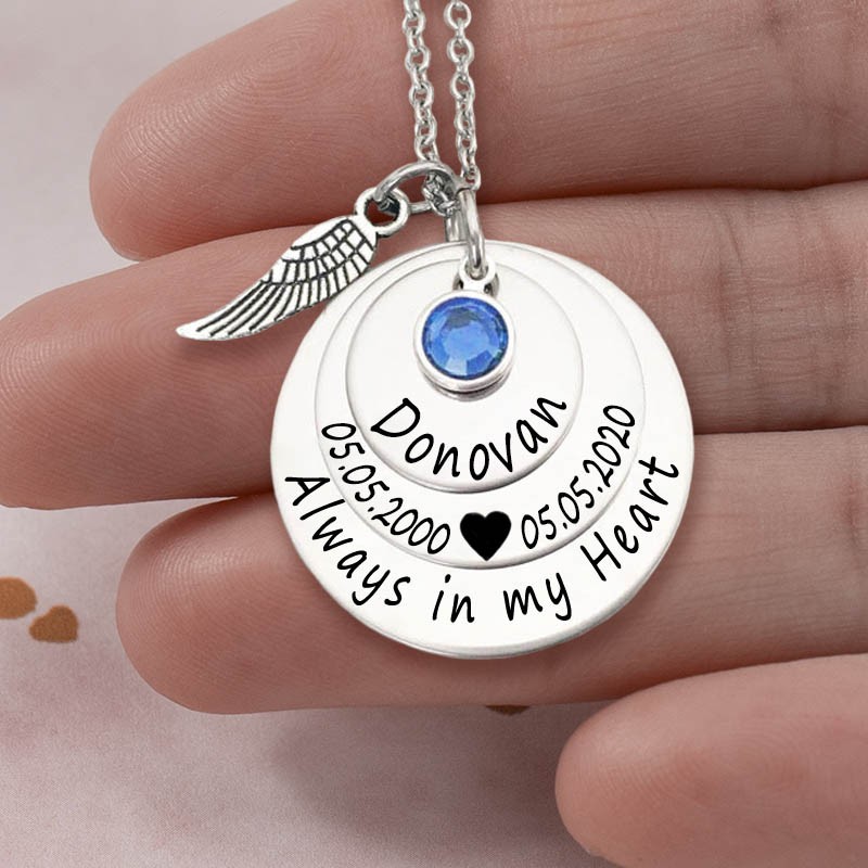 Personalized Engraved Always in my Heart Memorial Silver Necklace With Birthstone