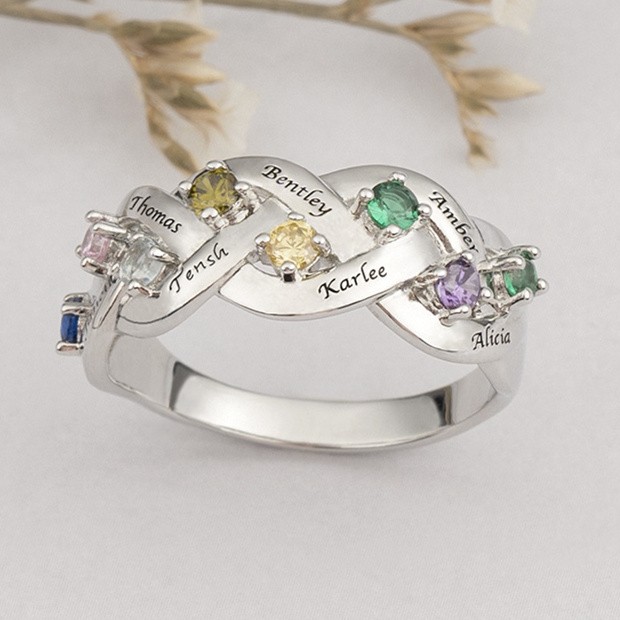 S925 Silver Personalized Engraved 1-8 Family Names and Birthstones Ring For Mother's Day Gifts