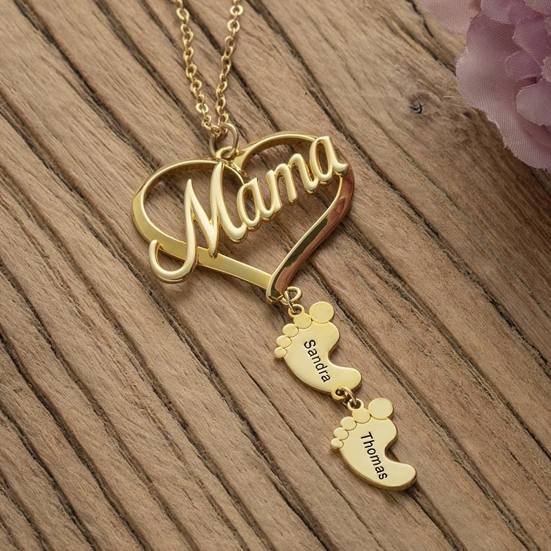Personalized Love MaMa Heart 1-10 Baby Feet Charms Name Necklace