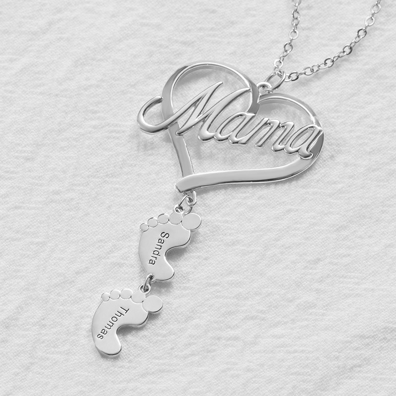 Silver Personalized Love MaMa Heart 1-10 Baby Feet Charms Name Necklace