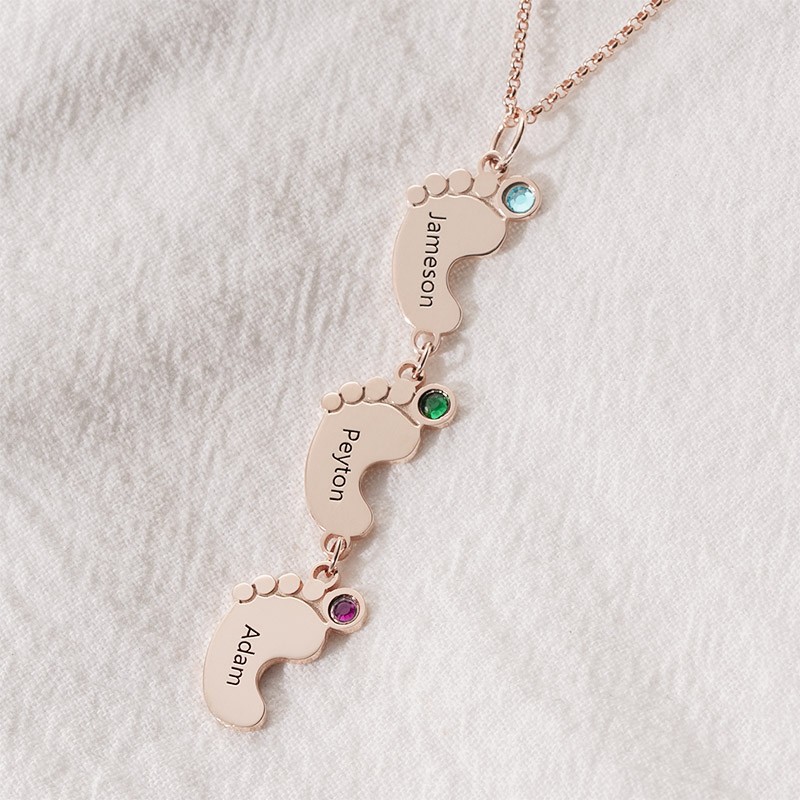 Custom Vertical 1-10 Baby Feet Charms Personalized Name Necklace with Birthstone
