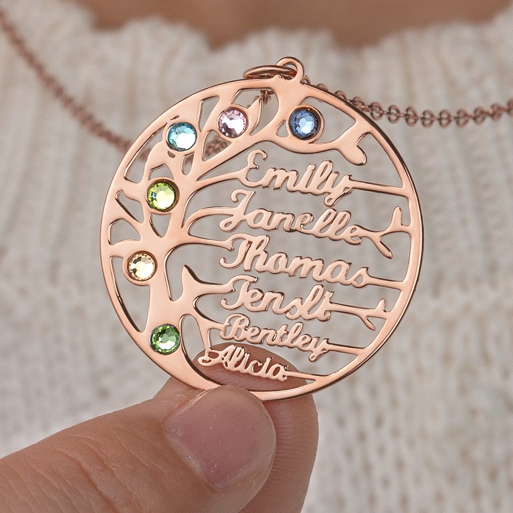 Personalized Tree-Design Family Tree Name Necklace With Birthstone