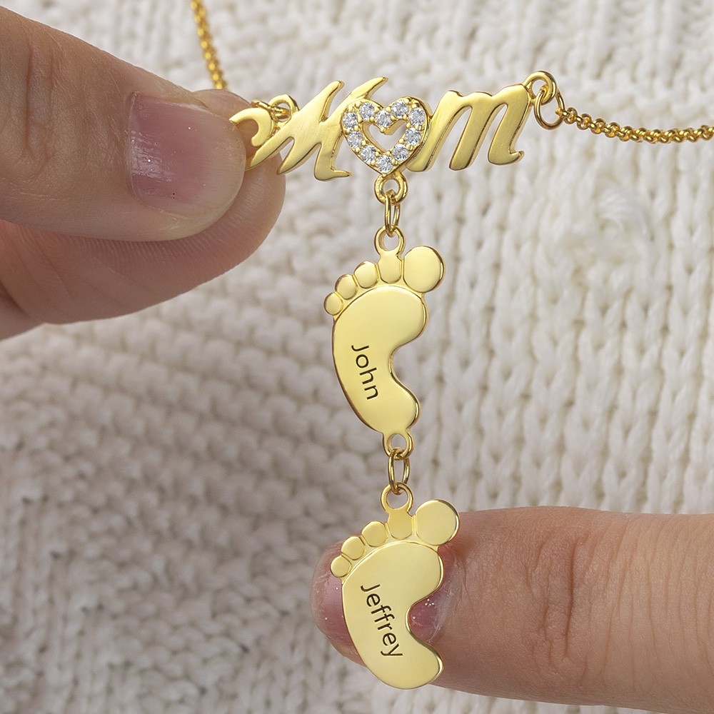 Personalized MoM Heart Engraved Name Necklaces With 1-10 Baby Feet Charms