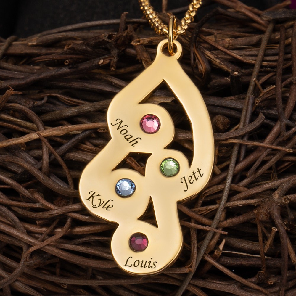 Personalized Engraved Family Pendant Necklace with 4 Names and Birthstones For Mother's Day Christmas
