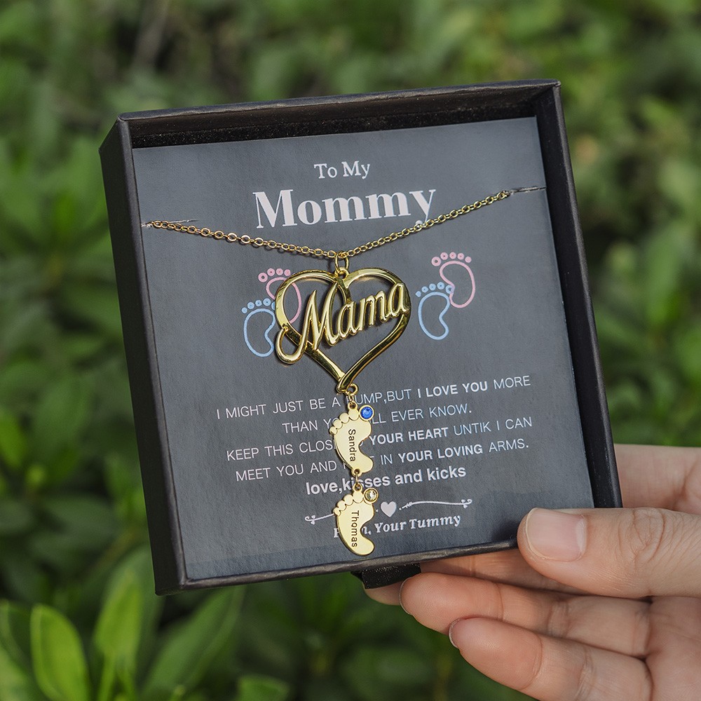 Personalized 1-10 Baby Feet Charms Name Necklace With Birthstone To My Mom Gift