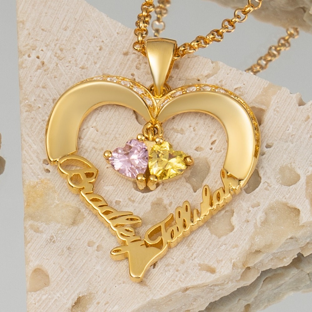 Personalized Heart Necklaces With 2 Name and Birthstone For Soulmate Girlfriend Valentine's Day