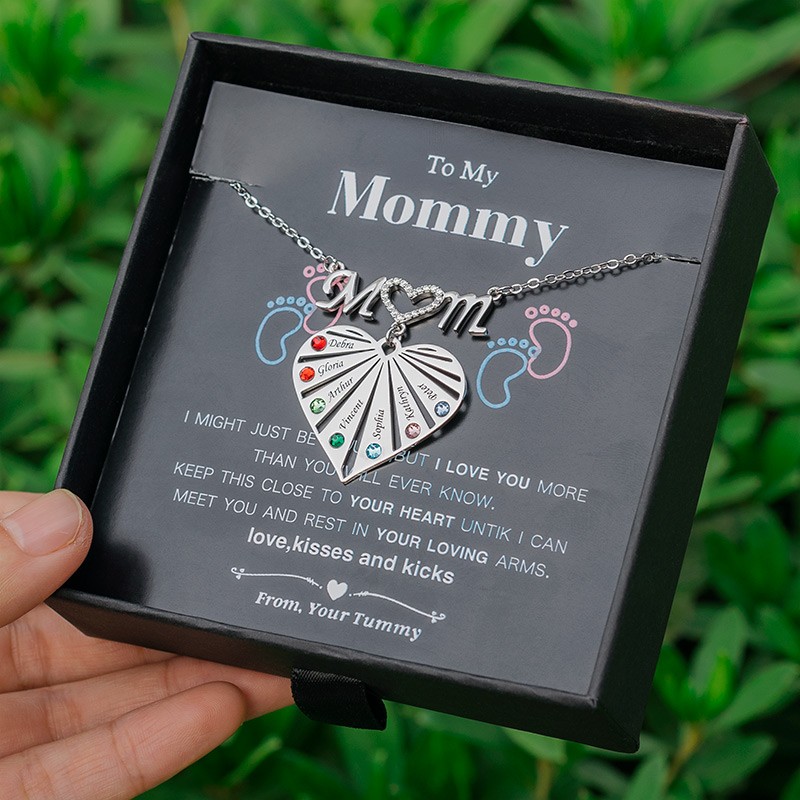 Personalized 1-8 Engraving Family Name Heart Necklace With Birthstone To My Mom Gift