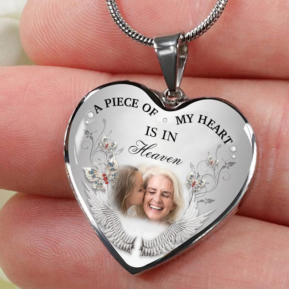 A Piece Of My Heart Is In Heaven Personalized Engraving Memorial Heart Photo Necklace