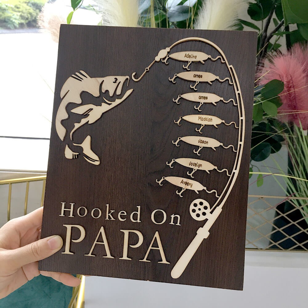 Hooked on Papa Dad Grandpa Personalized Fishing With Kids Name Gift For Father's Day