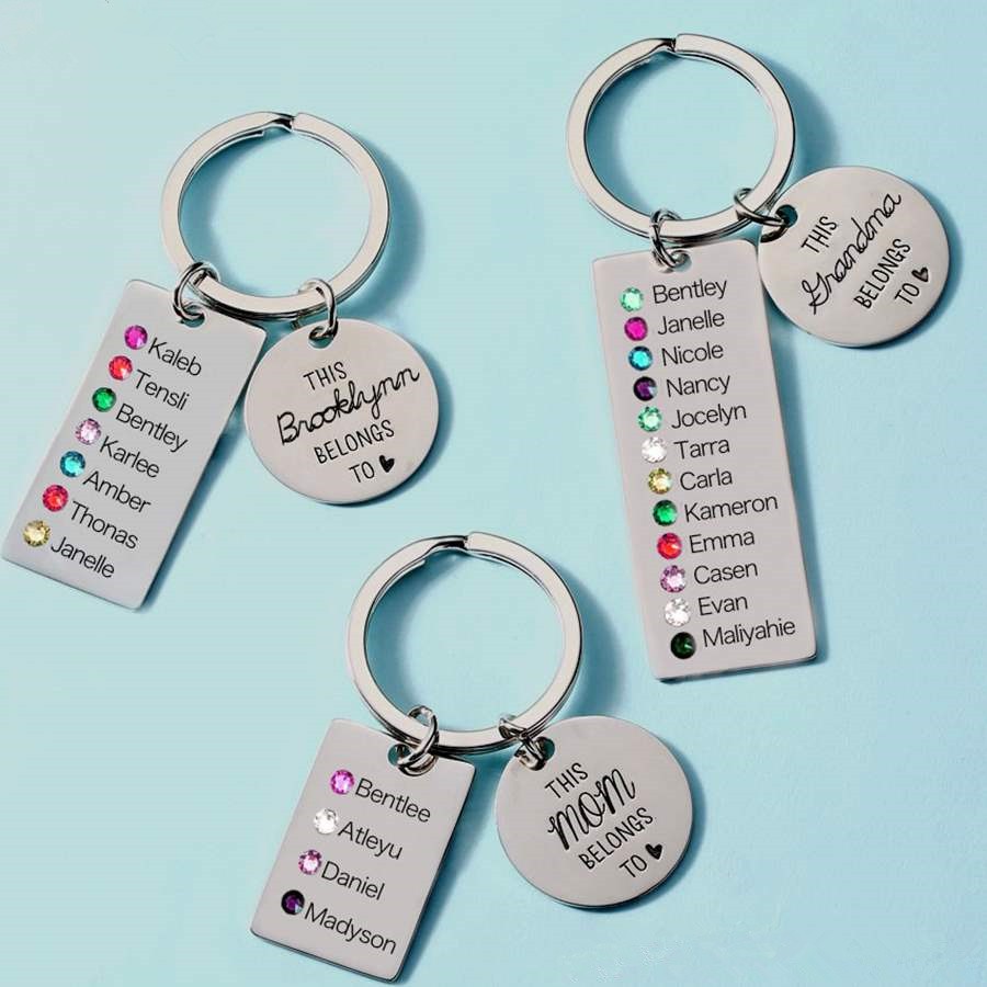 Personalized This Grandma Mom Grandpa Belongs to 1-15 Children Names with Birthstones Keychains