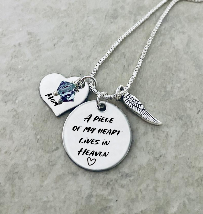Personalized A Piece of My Heart Lives In Heaven Birthstone Necklace with Angel Wing