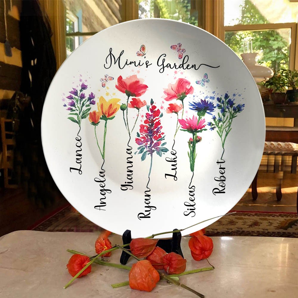 Personalized Grandma's Garden Platter With Grandkids Names and Birth Flower Unique Mother's Day Gift