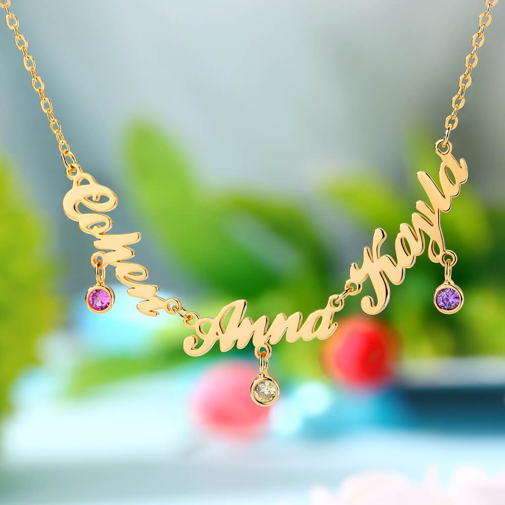 Personalized 1-7 Names Necklace With Birthstones 