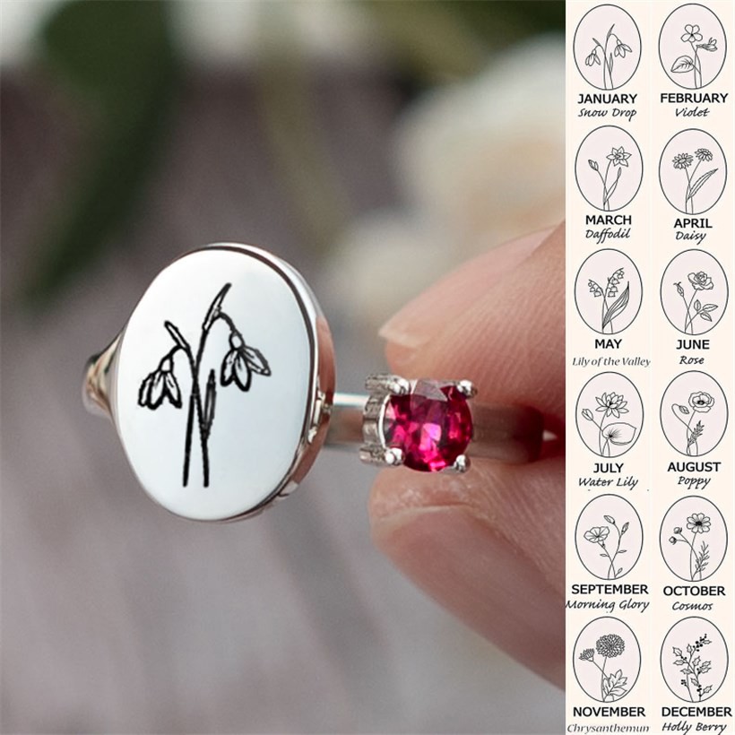 Personalized Birth Flower Ring With Birthstone January Snowdrop
