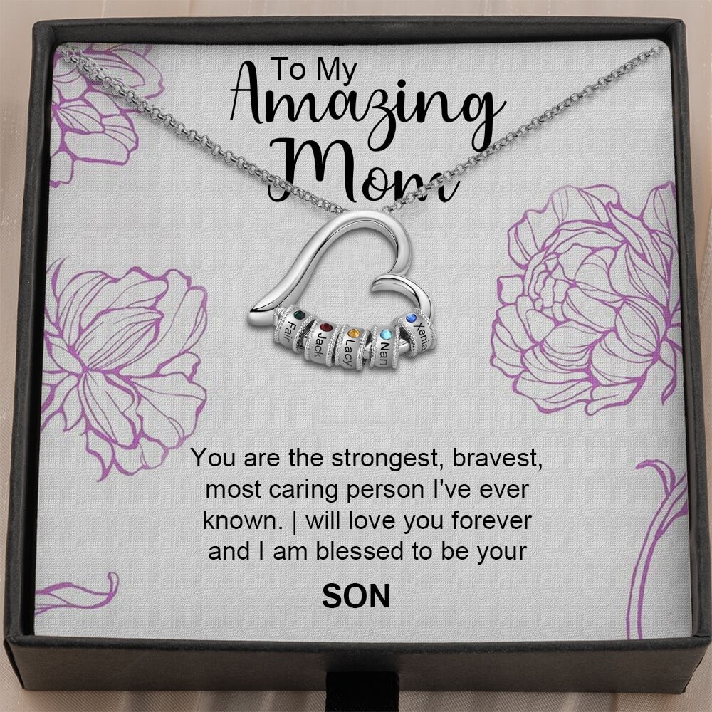 To My Mom Personalized Heart Necklace with Engraved Name Beads For Mother's Day