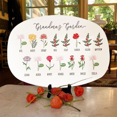 Grandma's Garden Personalized Birth Month Flower Family Platter With Grandchildren's Names