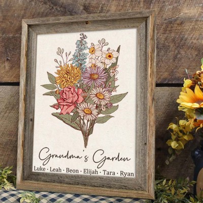 Custom Grandma's Garden Birth Flower Family Bouquet Art Wood Sign For Mom Grandma Christmas Gift Ideas