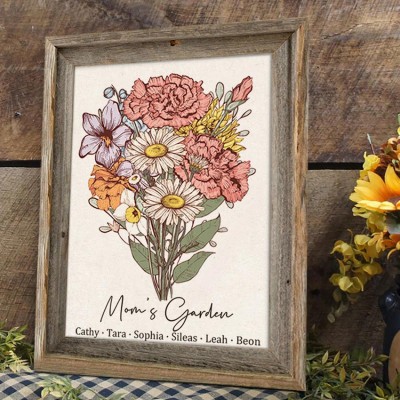 Custom Mom's Garden Birth Flower Bouquet Art Wood Sign For Mom Grandma Christmas Gift Ideas