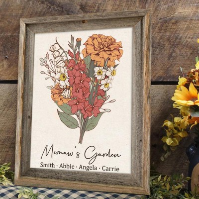 Custom Memaw's Garden Birth Flower Family Bouquet Art Wood Sign For Mom Grandma Christmas Gift Ideas