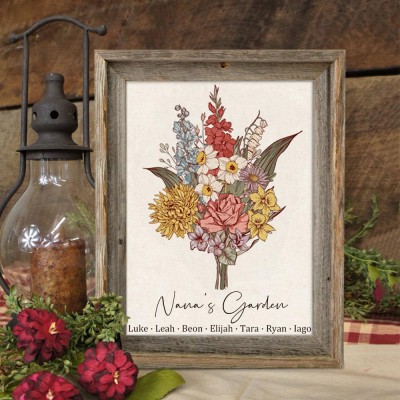 Custom Nana's Garden Birth Flower Family Bouquet Art Wood Sign For Mom Grandma Christmas Gift Ideas