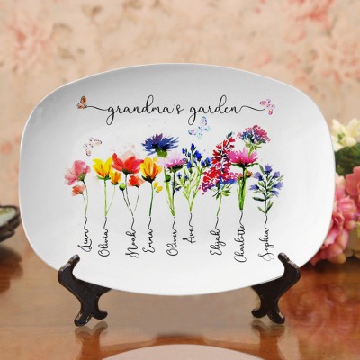 Personalized Grandma's Garden Platter With Grandkids Name and Birth Month Flower For Mother's Day