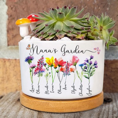 Custom Nana's Garden Plant Pot With Grandkids Name and Birth Month Flower For Mother's Day