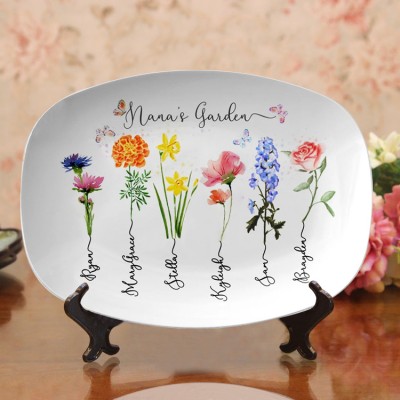 Personalized Nana's Garden Platter With Grandkids Name and Birth Month Flower For Mother's Day