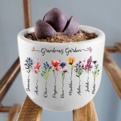 Custom Grandma's Garden Plant Pot With Grandkids Name and Birth Flower For Mother's Day Christmas