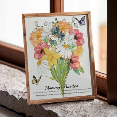 Custom Mommy's Garden Birth Flower Family Bouquet Wood Sign Art With Kids Name For Christmas Mother's Day