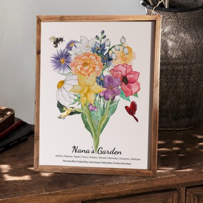 Custom Nana's Garden Birth Flower Family Bouquet Wood Sign Art With Grandkids Name For Christmas Mother's Day