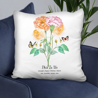 Custom Birth Flower Family Bouquet Pillow With Name For Christmas Mother's Day
