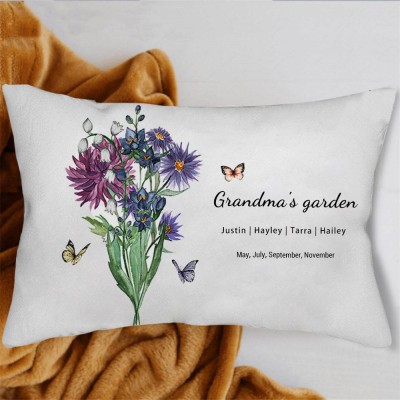 Custom Grandma's Garden Birth Flower Family Bouquet Pillow With Grandkids Name For Christmas Mother's Day