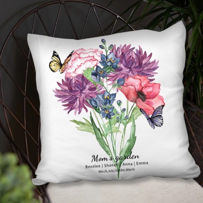 Custom Mom's Garden Birth Flower Family Bouquet Pillow With Kids Name For Christmas Mother's Day