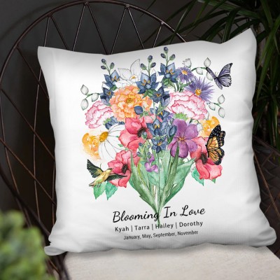 Custom Blooming in Love Birth Flower Family Bouquet Pillow With Name For Christmas Mother's Day