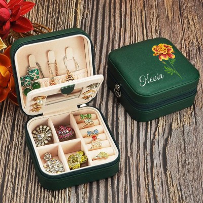 Personalized Birth Flower Jewelry Travel Boxes Bridesmaid Gift Case With Name