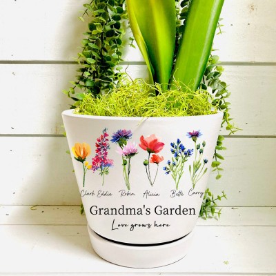 Personalized Grandma's Garden Outdoor Flower Pot With Grandchildren Name and Birth Flower For Christmas