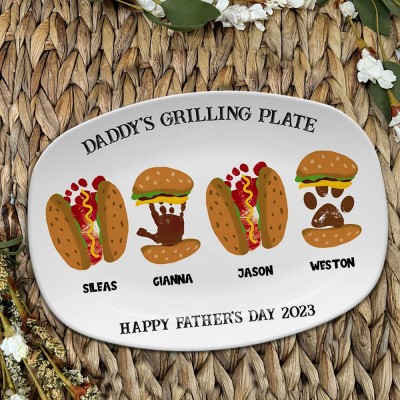 Custom Daddy's Grilling Plate Burger Hot Dog Handprint Footprint Platter With Kids Name For Father's Day