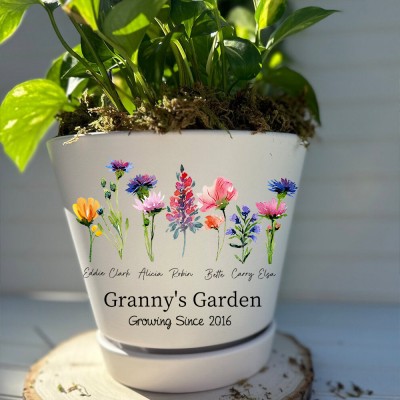 Personalized Granny's Garden Outdoor Flower Pot With Grandchildren Name and Birth Flower For Christmas Gift