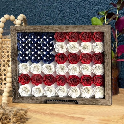 Personalized Flower Shadow Box American Flag Frame 4th of July Home Decoration