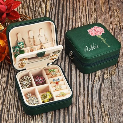 Personalized Birth Flower Jewelry Travel Boxes Bridesmaid Gift Case With Name