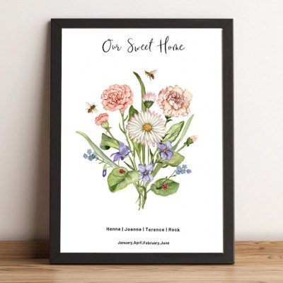 Our Sweet Home Birth Flower Family Bouquet Wood Sign Art With Kids Name For Christmas Day Gift Ideas